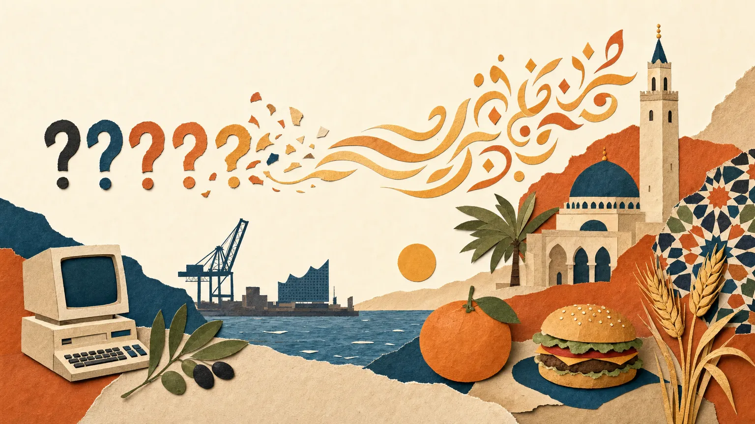 Papiercollage in der aroui-Farbwelt, aus einer Reihe Fragezeichen formt sich ein Band aus warmem Licht, daneben ein alter Computer, eine Moschee, eine Orange, ein Olivenzweig, Weizenähren, der Hamburger Hafen und ein Burger als Wortspiel