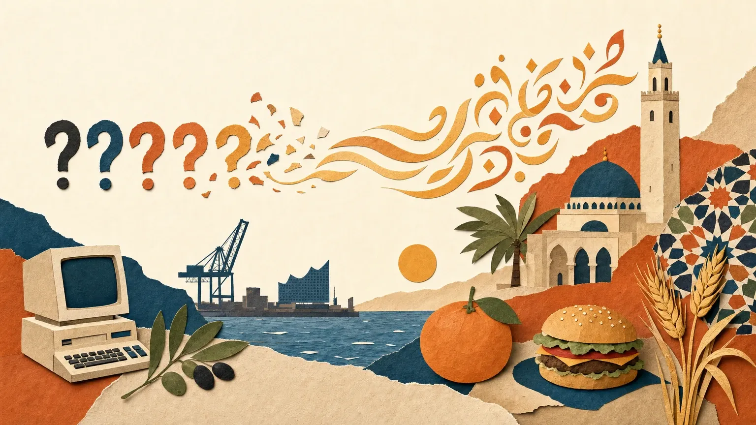 Papiercollage in der aroui-Farbwelt, aus einer Reihe Fragezeichen formt sich ein Band aus warmem Licht, daneben ein alter Computer, eine Moschee, eine Orange, ein Olivenzweig, Weizenähren, der Hamburger Hafen und ein Burger als Wortspiel