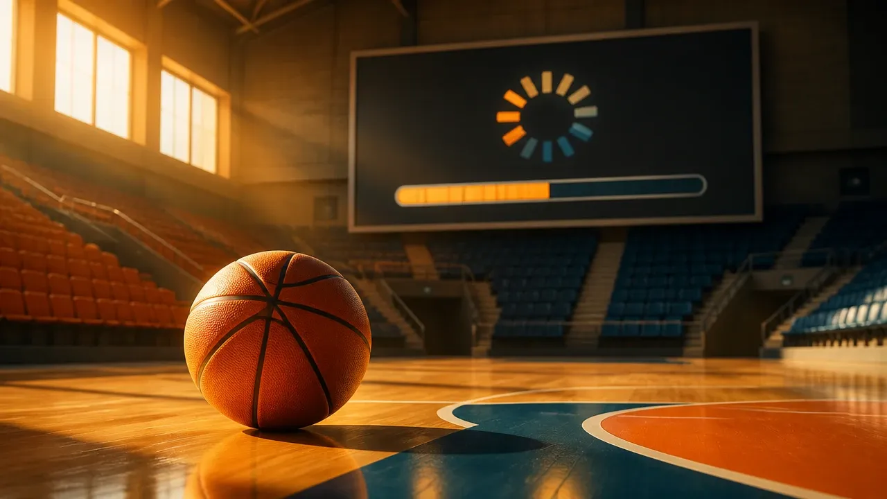Basketball in einer Sporthalle mit Anzeigetafel