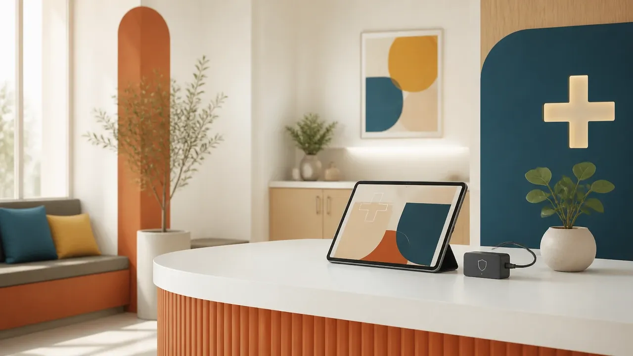 Aufgeräumter Praxisempfang mit Tablet und Konnektor