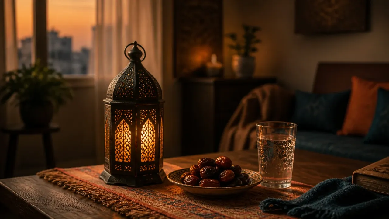 Ramadan-Laterne mit Datteln und Wasser