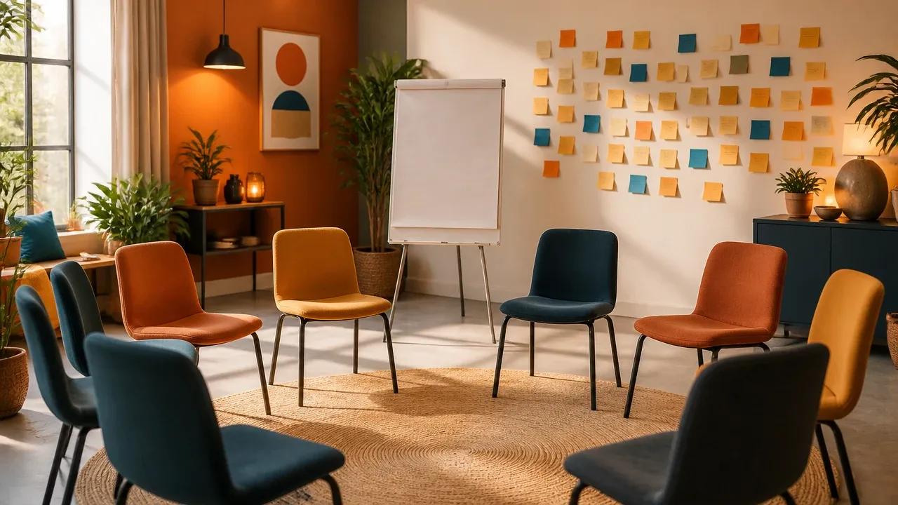 Seminarraum mit Flipchart und bunten Moderationskarten