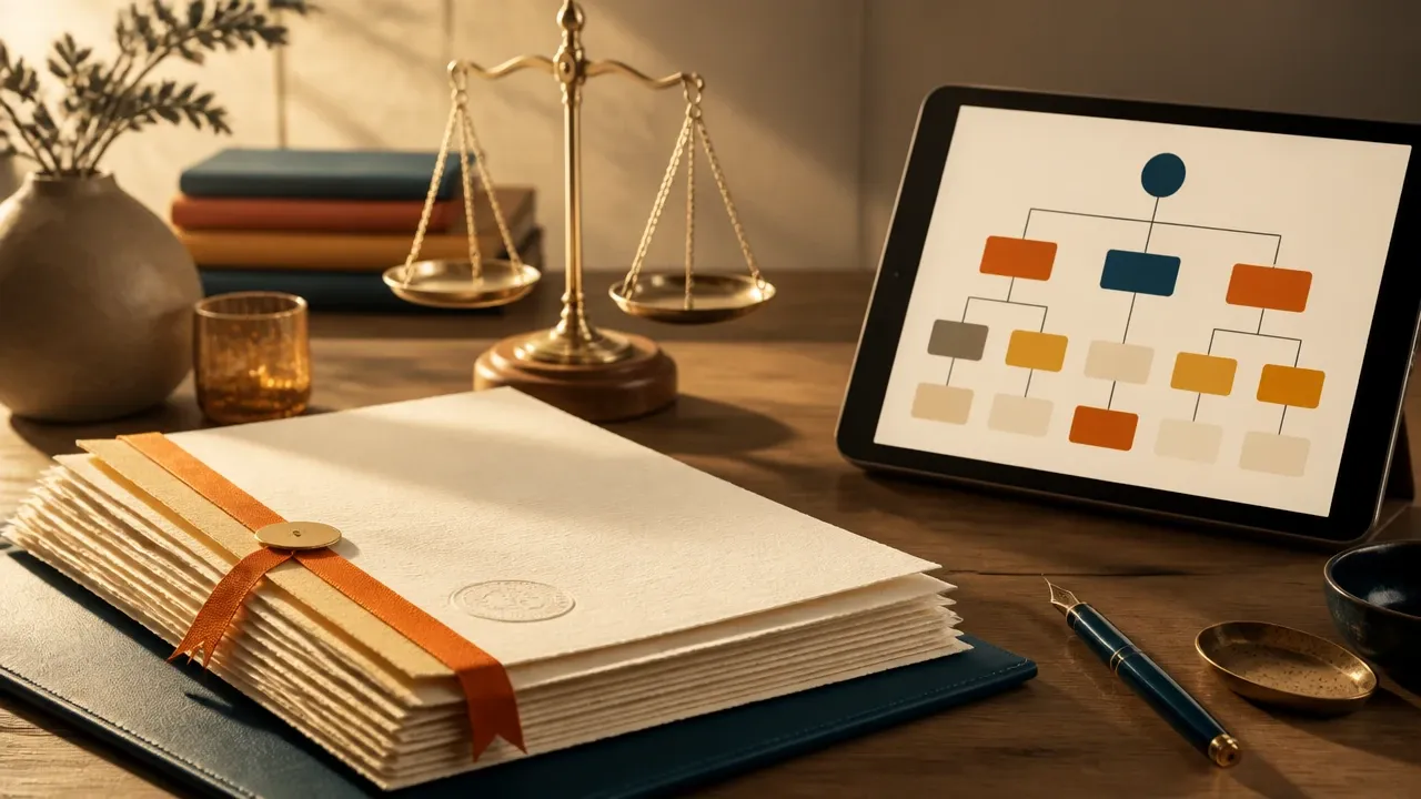 Gründungsunterlagen mit Waage und Tablet auf einem Schreibtisch