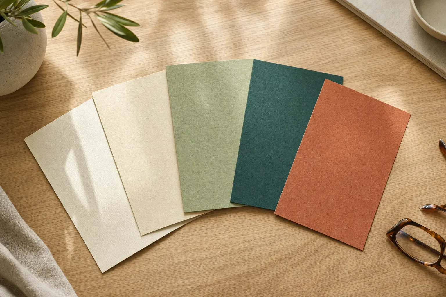 Blanko-Karten in gedeckten Farben auf einem Schreibtisch, Sinnbild für die Auswahl des Satzungszwecks